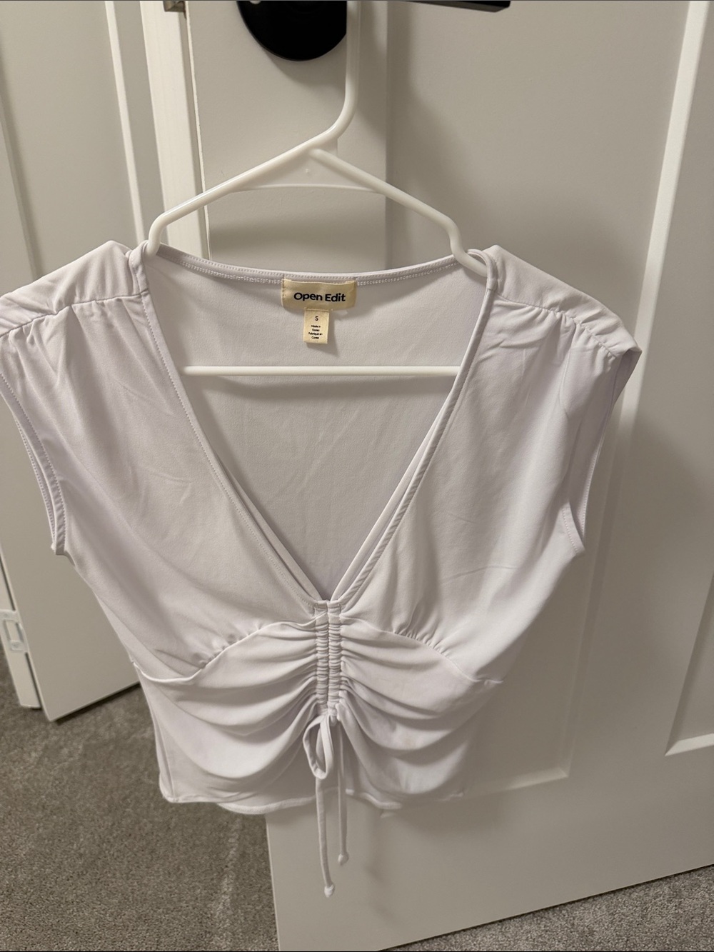 Open Edit White Ruched V-Neck Crop Top